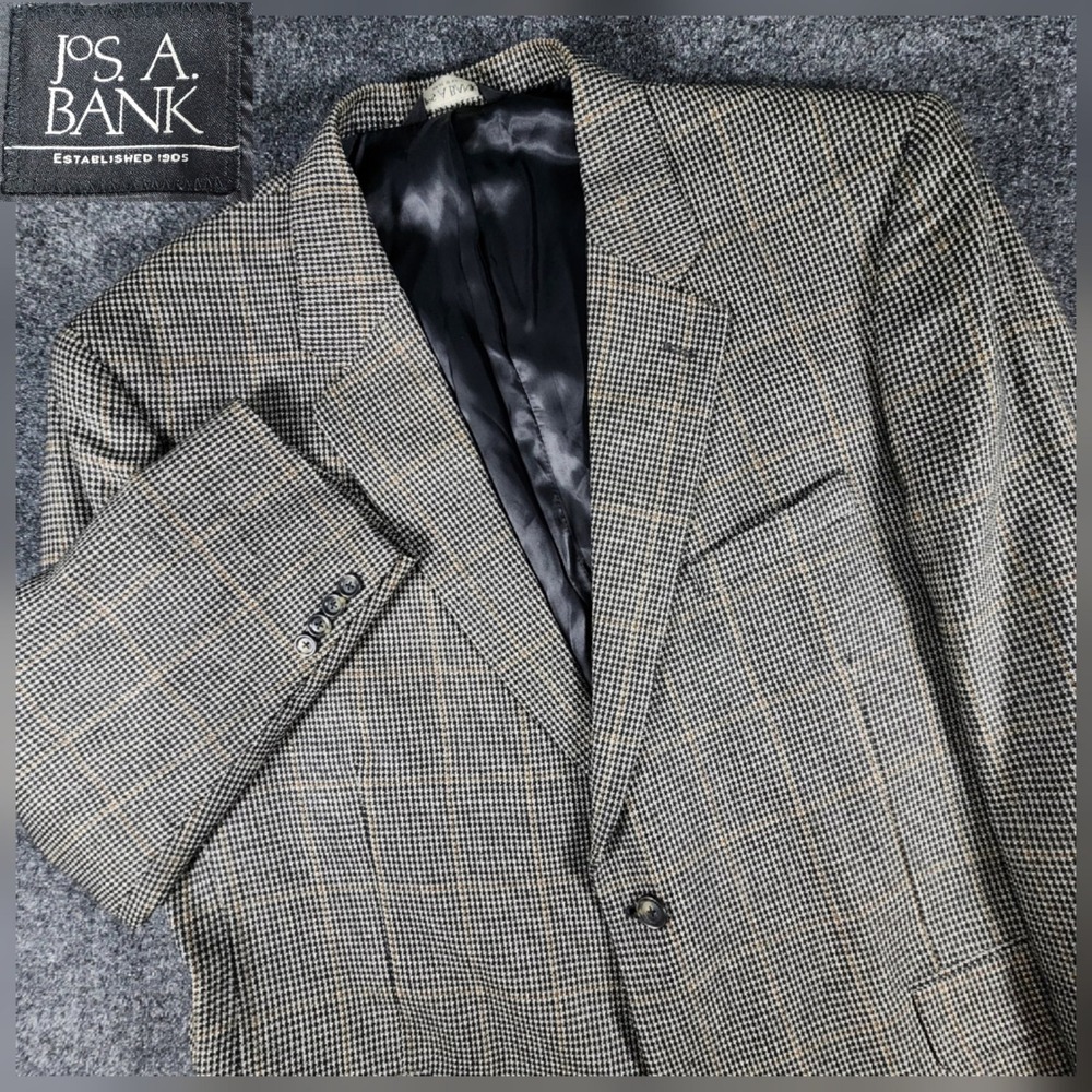 Jos. A. Bank Sport Coat Mens 48R Brown Silk Wool Houndstooth Windowpane Blazer